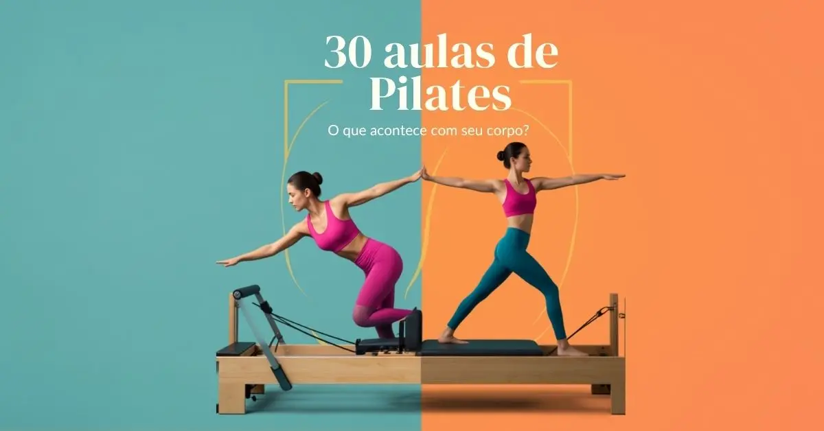 Arte com a frase “30 aulas de Pilates: o que acontece com seu corpo?”, mostrando duas mulheres fazendo exercícios em aparelhos de Pilates