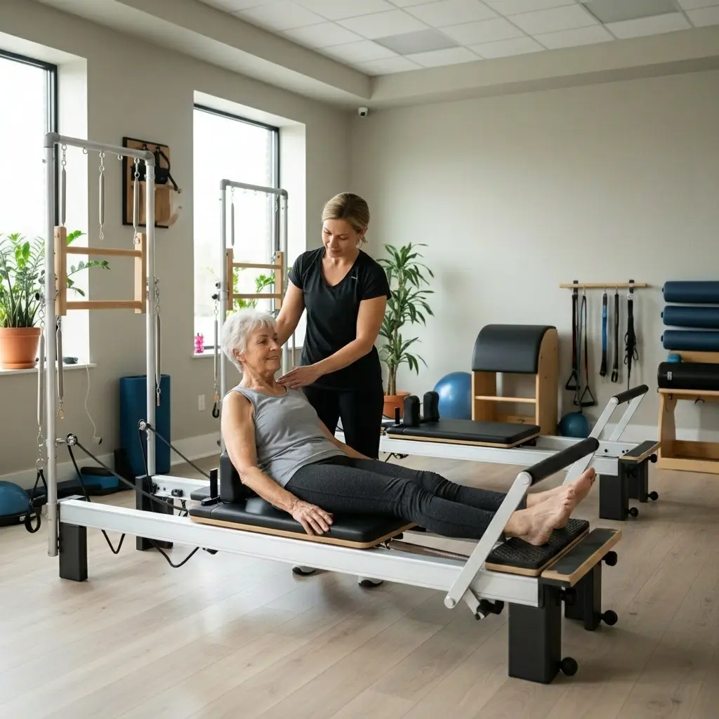 Idoso praticando Pilates Clínico com acompanhamento profissional em Florianópolis